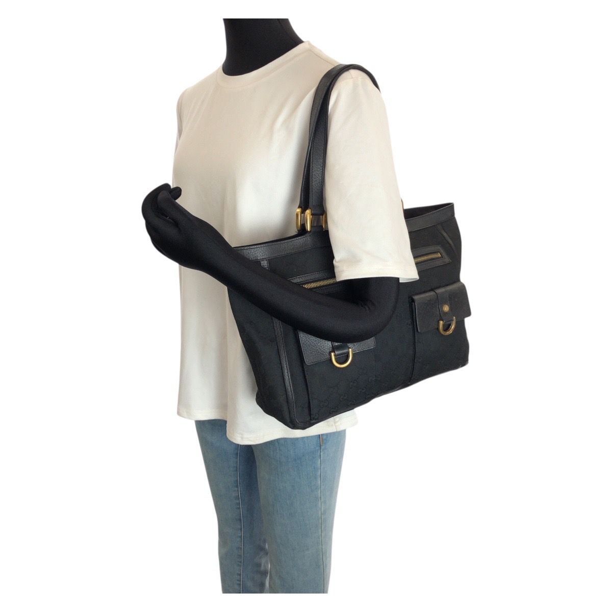 Gucci Abbey Black Gold GG Canvas Leather Tote Shoulder — view 7