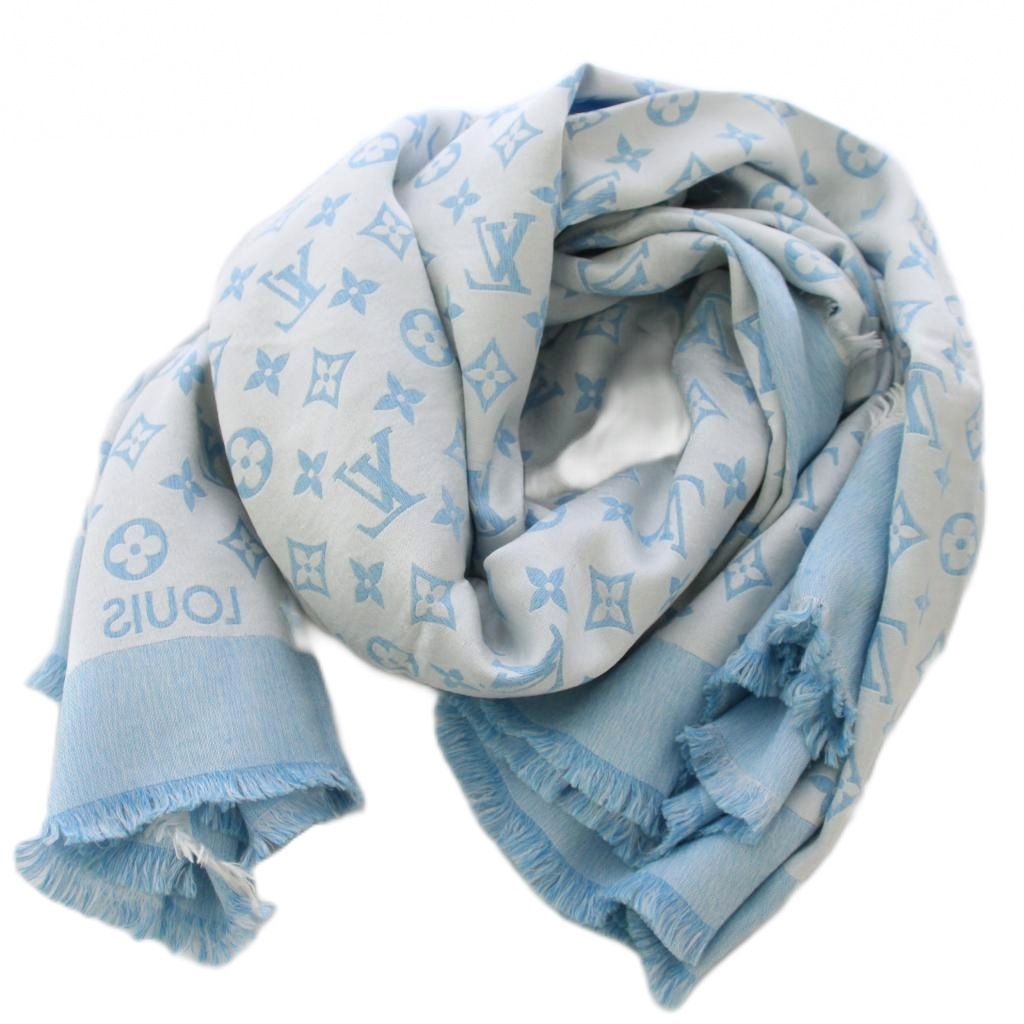Louis Vuitton T-shirting Monogram Shawl All Over Pattern Silk Blue White Scarf