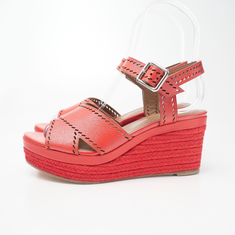 Hermes Espadrille Sandals 37.5 Ankle Strap Platform Wedge Leather Shoes — view 2