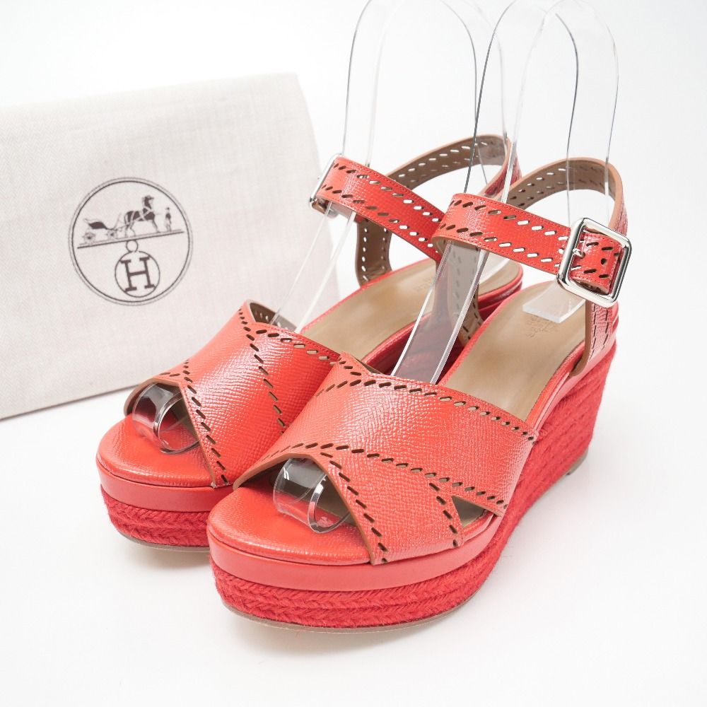 Hermes Espadrille Sandals 37.5 Ankle Strap Platform Wedge Leather Shoes