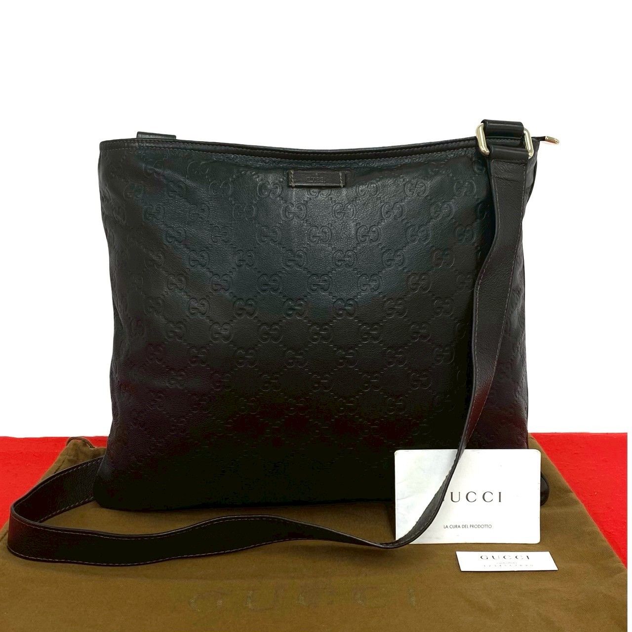 Gucci Guccissima GG Logo Leather Shoulder Bag Crossbody Pochette Brown