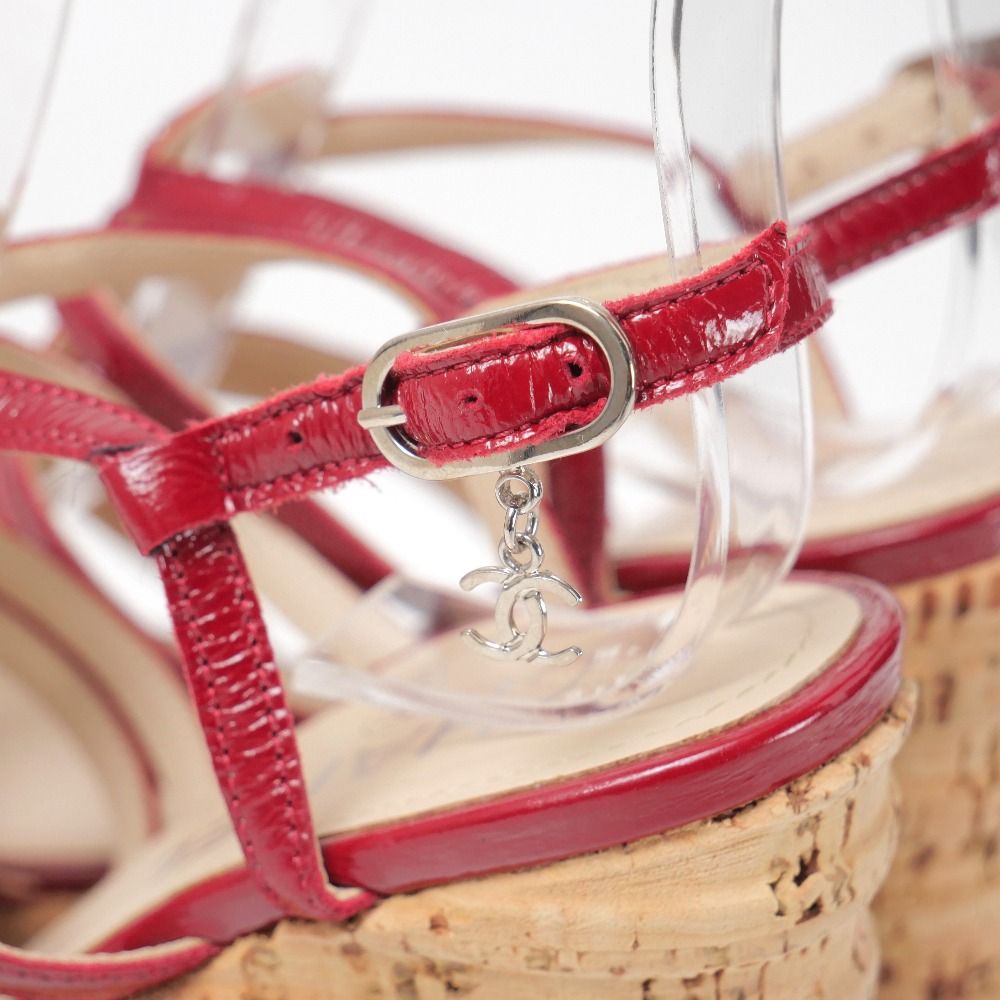 Chanel Sandals CC Logo Patent Leather Strap Cork Wedge Sole Shoes — view 6