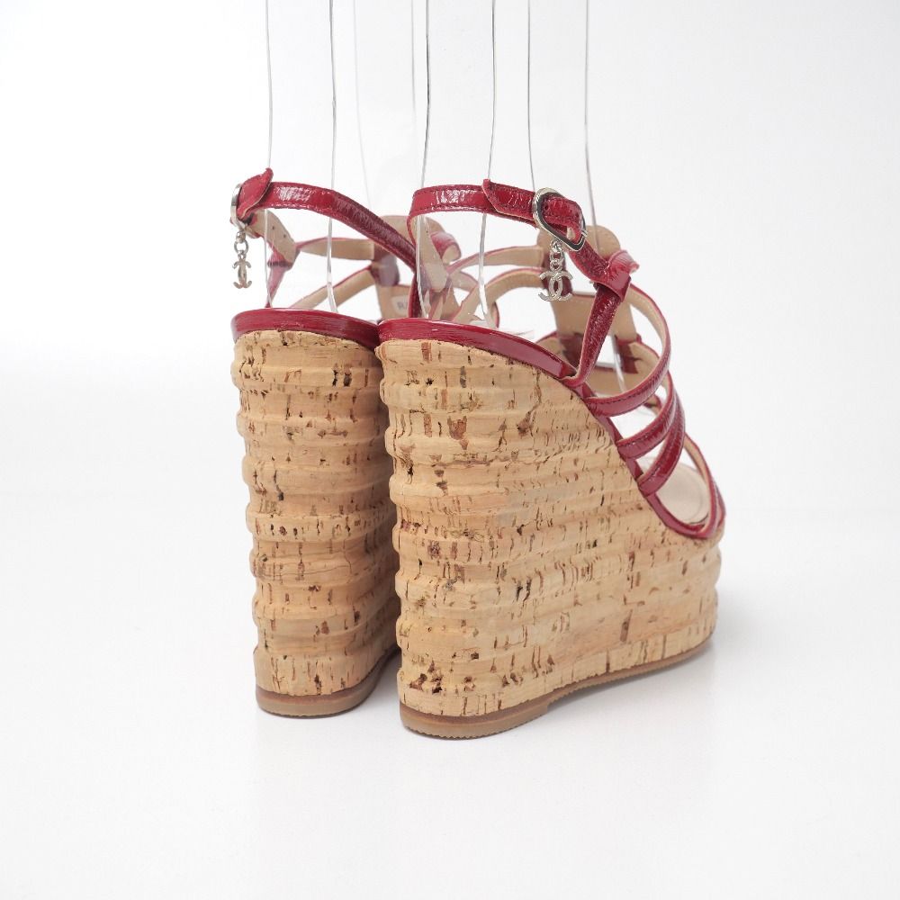 Chanel Sandals CC Logo Patent Leather Strap Cork Wedge Sole Shoes — view 3