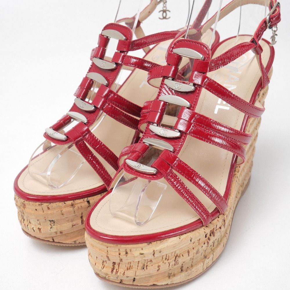 Chanel Sandals CC Logo Patent Leather Strap Cork Wedge Sole Shoes — view 5