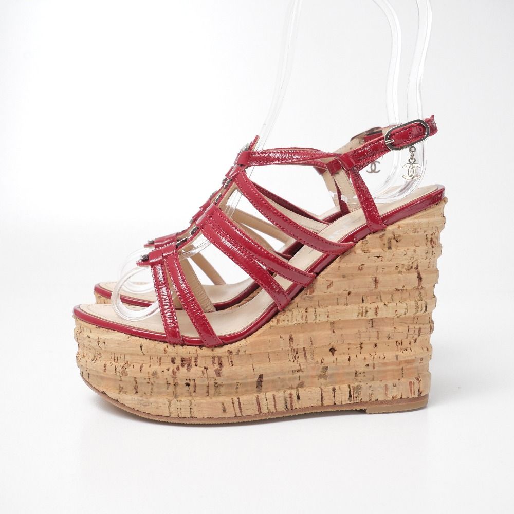 Chanel Sandals CC Logo Patent Leather Strap Cork Wedge Sole Shoes — view 2