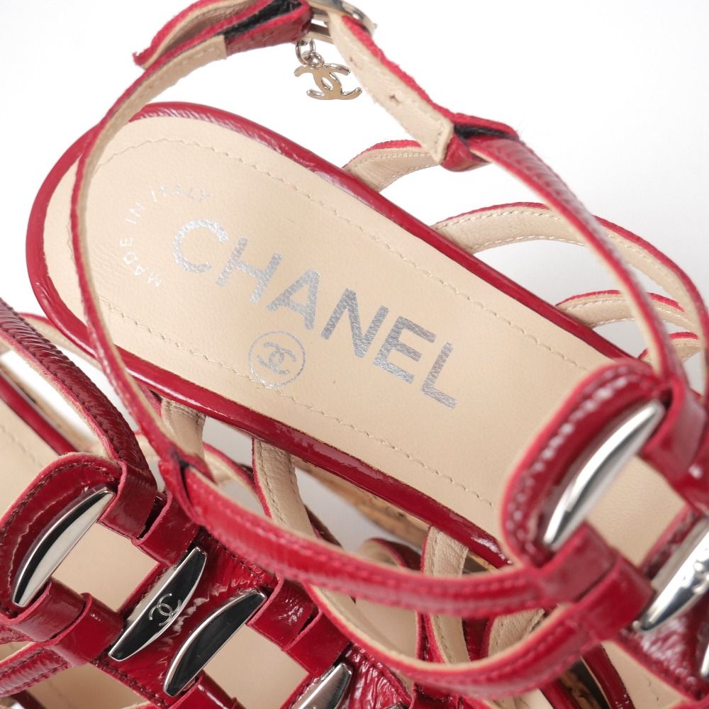 Chanel Sandals CC Logo Patent Leather Strap Cork Wedge Sole Shoes — view 7
