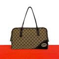 Gucci GG Logo Pattern Canvas Leather Tote Shoulder Bag Brown