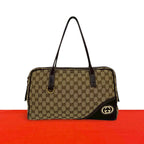 Gucci GG Logo Pattern Canvas Leather Tote Shoulder Bag Brown