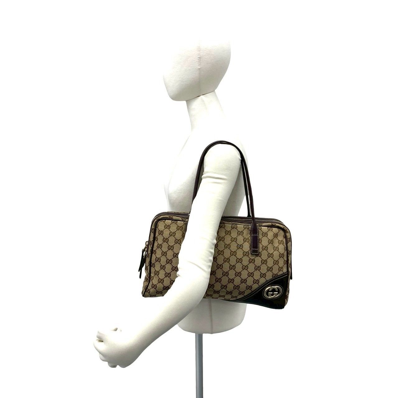 Gucci GG Logo Pattern Canvas Leather Tote Shoulder Bag Brown — view 2