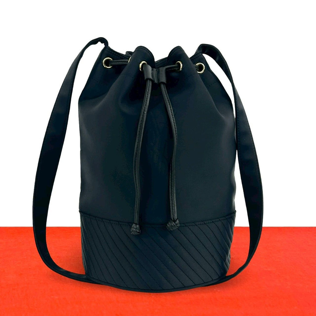 Saint Laurent Vintage YSL Logo Nylon Leather Drawstring Shoulder Bag Navy
