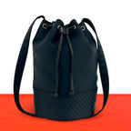 Saint Laurent Vintage YSL Logo Nylon Leather Drawstring Shoulder Bag Navy