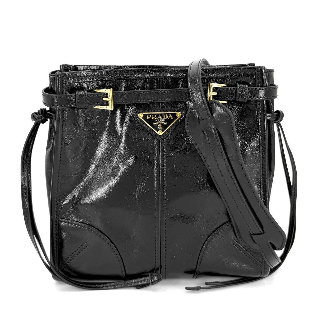 Prada Shoulder Bag Boni Crossbody Triangle Logo Pochette Leather Black Gold