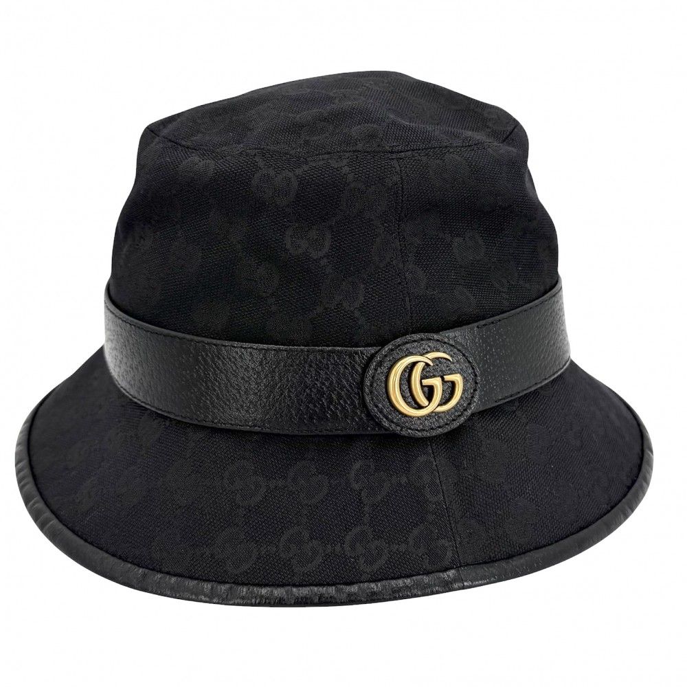Gucci Hat GG Canvas Bucket Hat Double L Polyester Black Gold