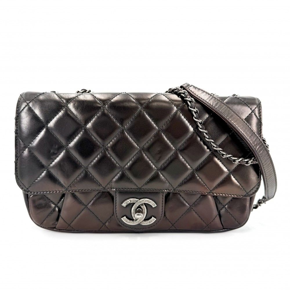 Chanel Shoulder Bag Quilted CC Logo Double Chain Crossbody Leather Brown Matte