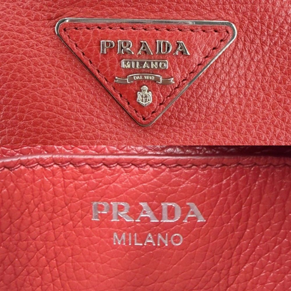 Prada Handbag Triangle Logo Chain Leather Red Silver — view 5