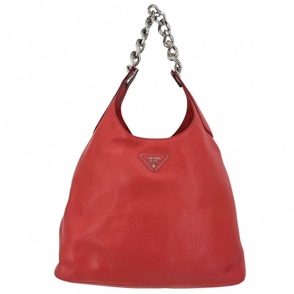 Prada Handbag Triangle Logo Chain Leather Red Silver