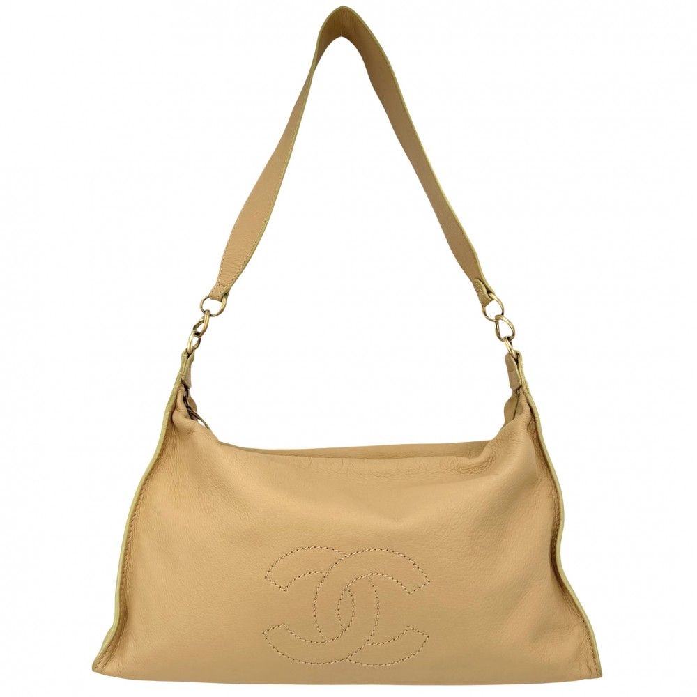 Chanel Shoulder Bag CC Logo Chain Bag Leather Beige Gold