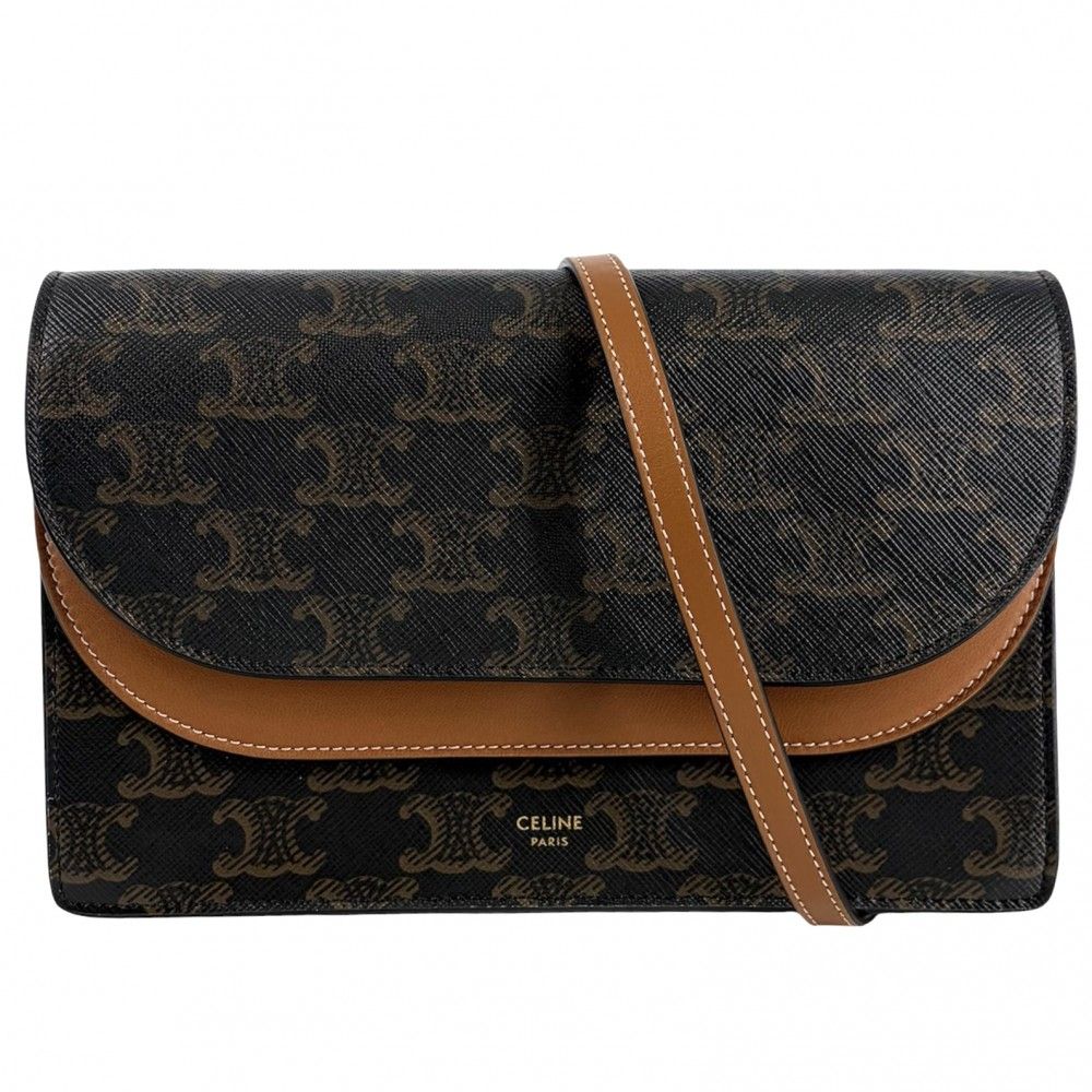 Celine Shoulder Bag Triomphe Wallet Second Crossbody 2-Way Canvas Leather Brown