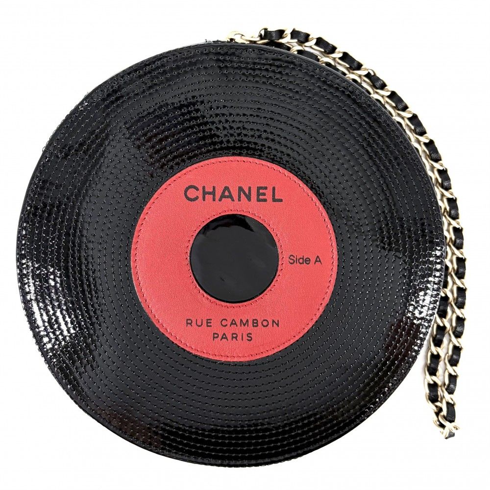Chanel Clutch Record Chain Pouch Patent Leather Black Gold