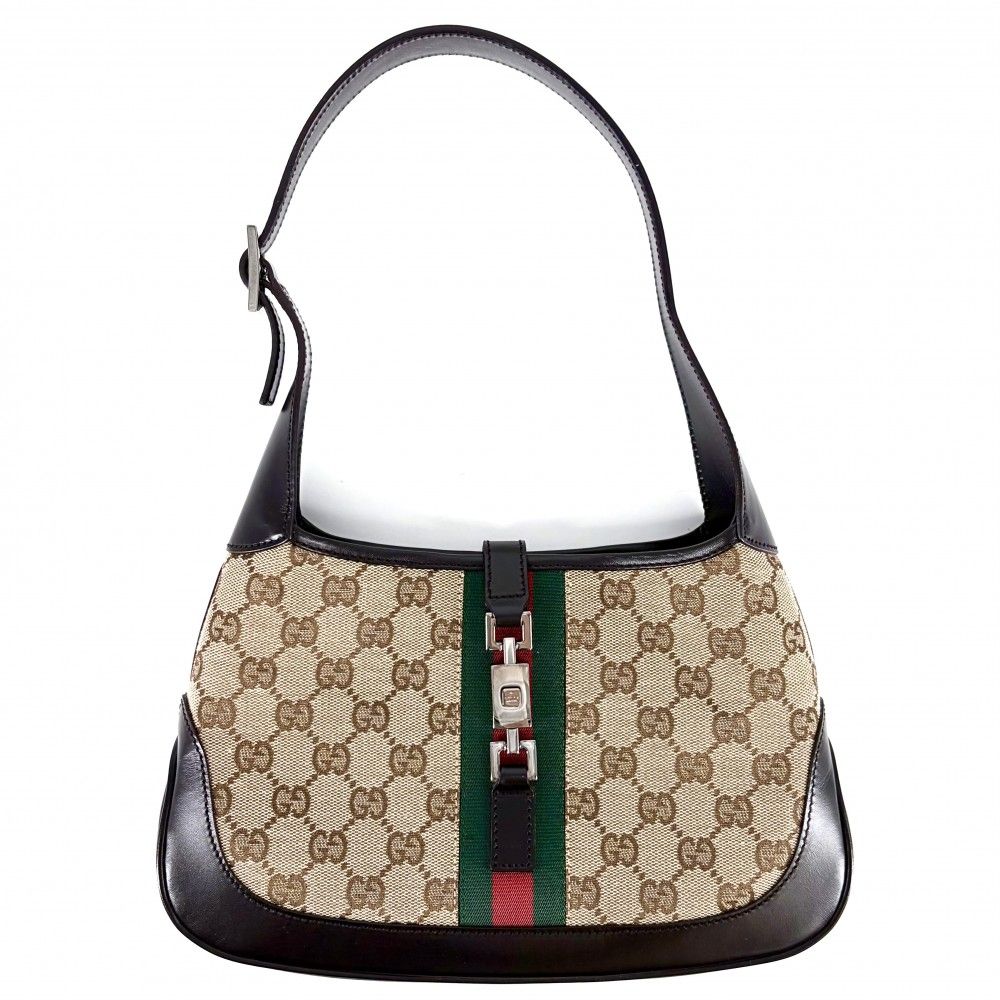 Gucci Handbag Jackie GG Canvas Leather Beige Brown Silver