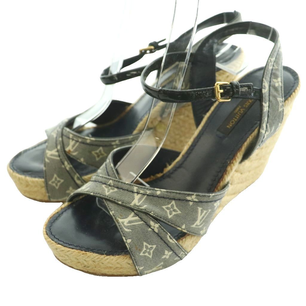 Louis Vuitton Wedge Sole Sandals Strap Monogram Canvas Espadouille 36.5 Beige