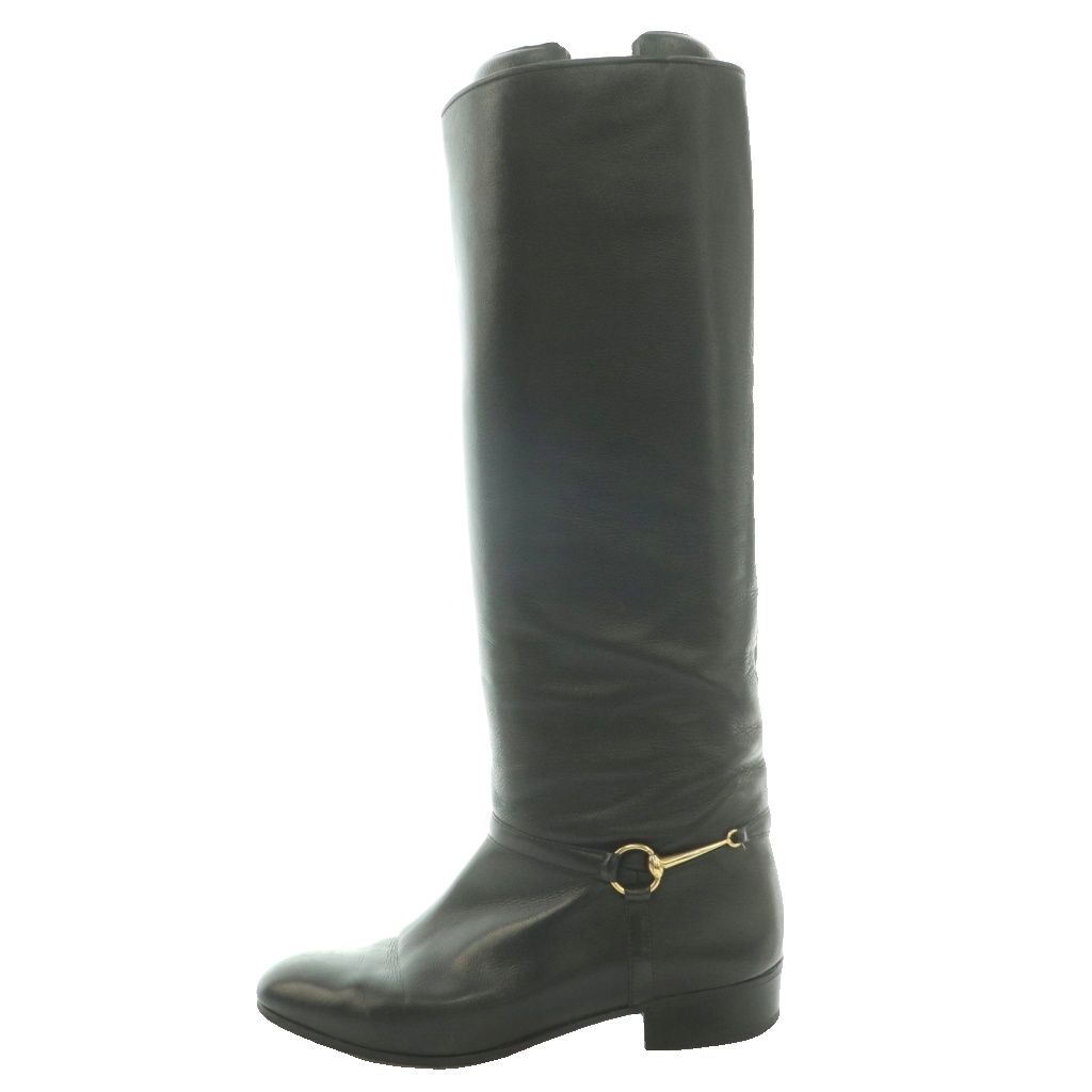 Gucci Vintage Round Toe Long Boots Horsebit Details Leather 36 Black SS