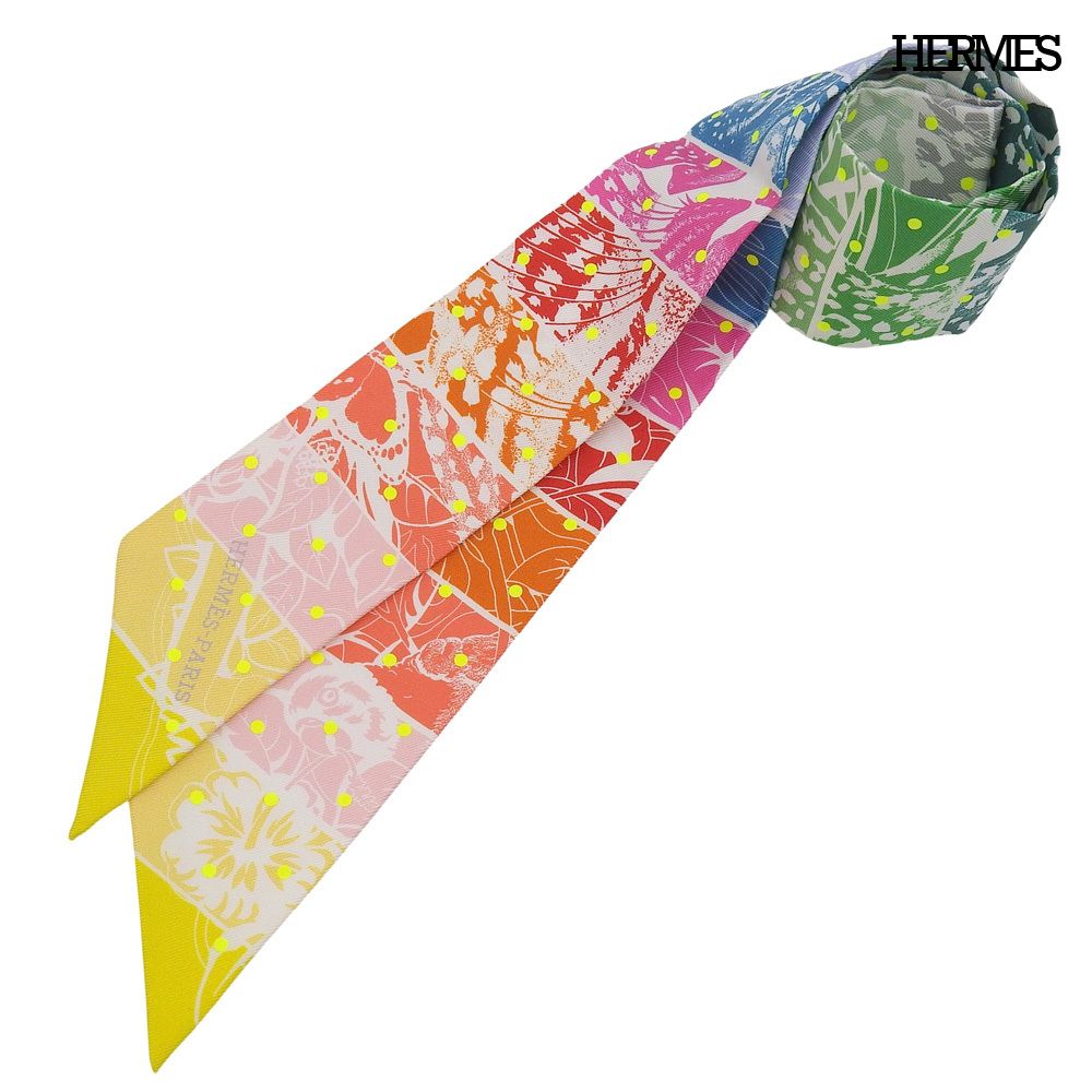 Hermes Twilly Jungle Love Rainbow Plume T Dot 100% Silk Scarf