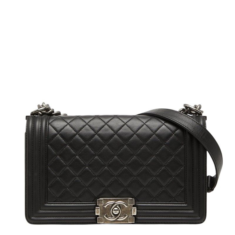 Chanel Boy Quilted CC Logo Chain Shoulder Bag Black Lambskin