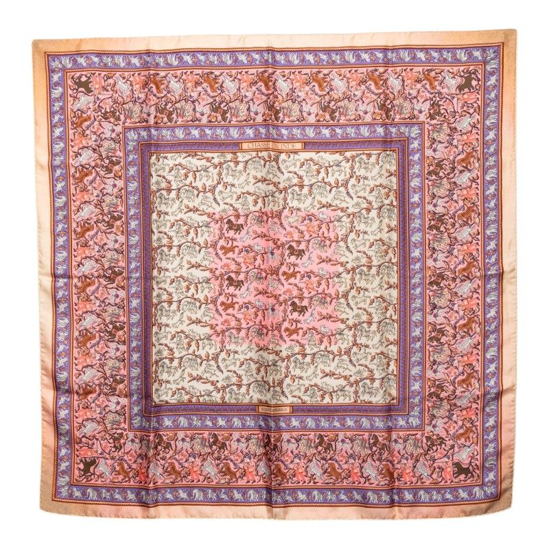 Hermes Carre 90 Chasse en Inde Indian Hunting Scarf Large Pink Multicolor Silk