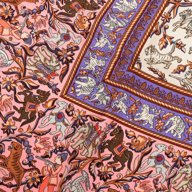 Hermes Carre 90 Chasse en Inde Indian Hunting Scarf Large Pink Multicolor Silk — view 4