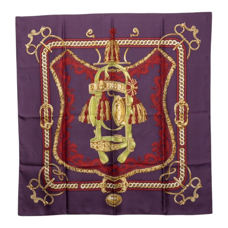 Hermes Carre 90 Bridede Cour Scarf Large Purple Multicolor Silk