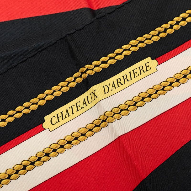 Hermes Carre 90 Chateaux D'arriere Scarf Red Black Silk — view 6