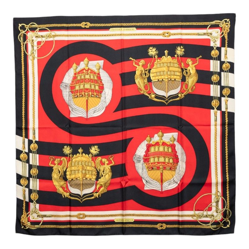 Hermes Carre 90 Chateaux D'arriere Scarf Red Black Silk