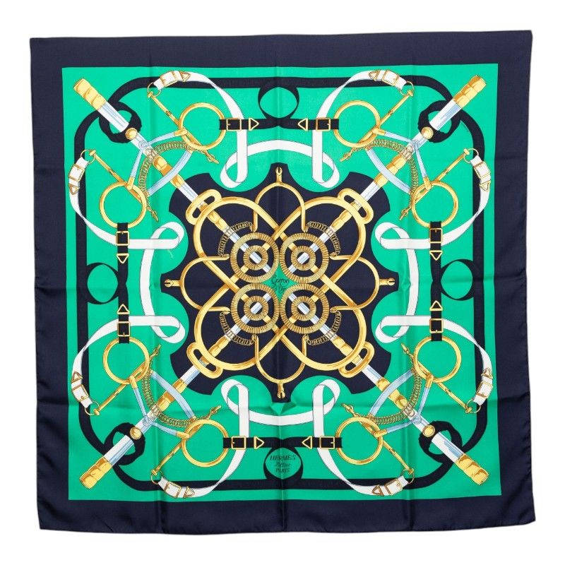 Hermes Carre 90 Apron D'or Yellow Gold Spurs Scarf Green Navy Silk