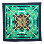 Hermes Carre 90 Apron D'or Yellow Gold Spurs Scarf Green Navy Silk