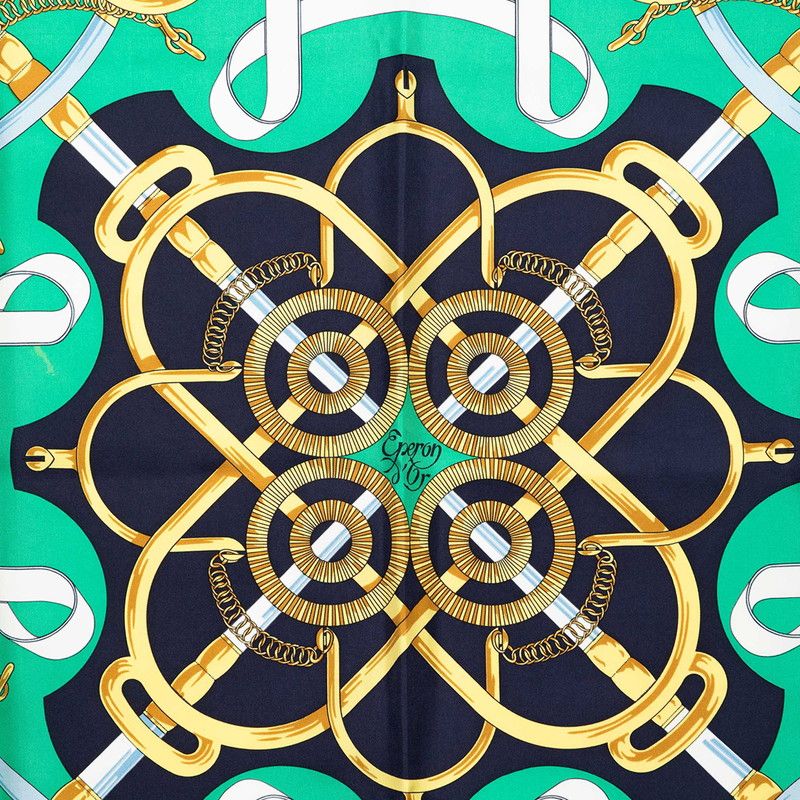 Hermes Carre 90 Apron D'or Yellow Gold Spurs Scarf Green Navy Silk — view 2
