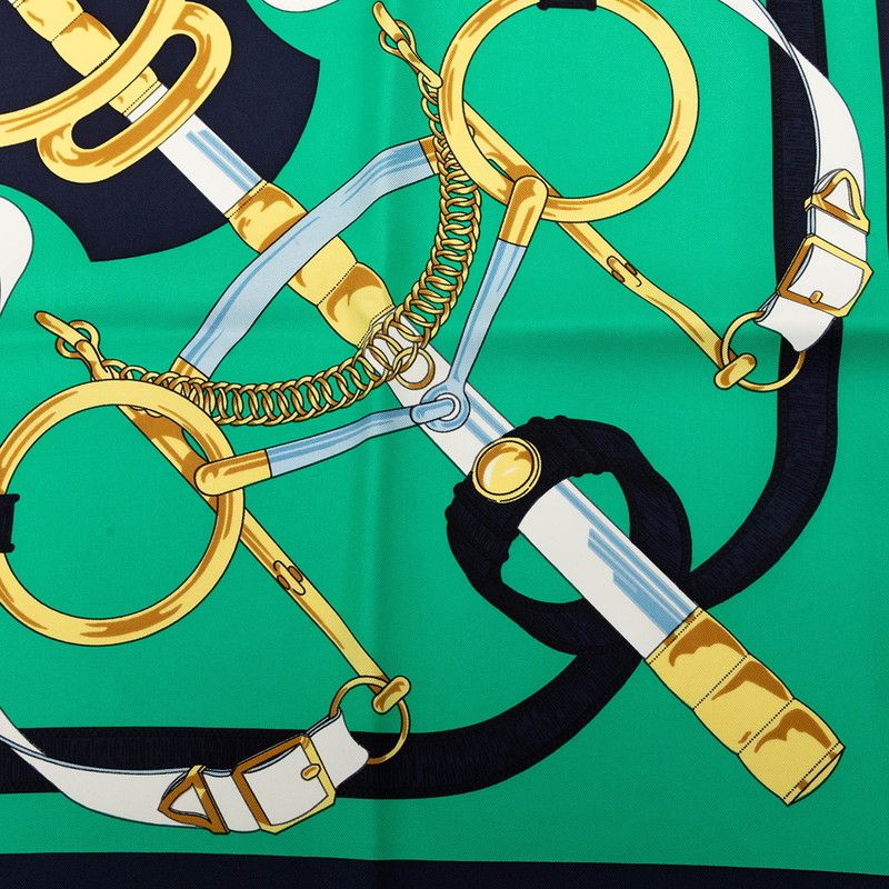 Hermes Carre 90 Apron D'or Yellow Gold Spurs Scarf Green Navy Silk — view 5