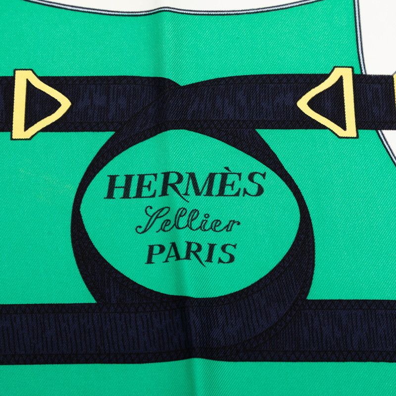 Hermes Carre 90 Apron D'or Yellow Gold Spurs Scarf Green Navy Silk — view 3