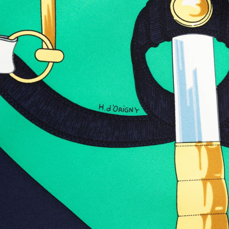 Hermes Carre 90 Apron D'or Yellow Gold Spurs Scarf Green Navy Silk — view 4
