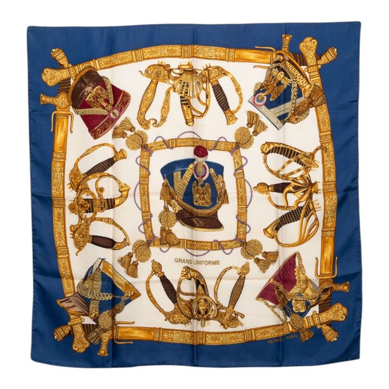 Hermes Carre 90 Grand Uniforme Uniform Scarf Large Blue Multicolor Silk