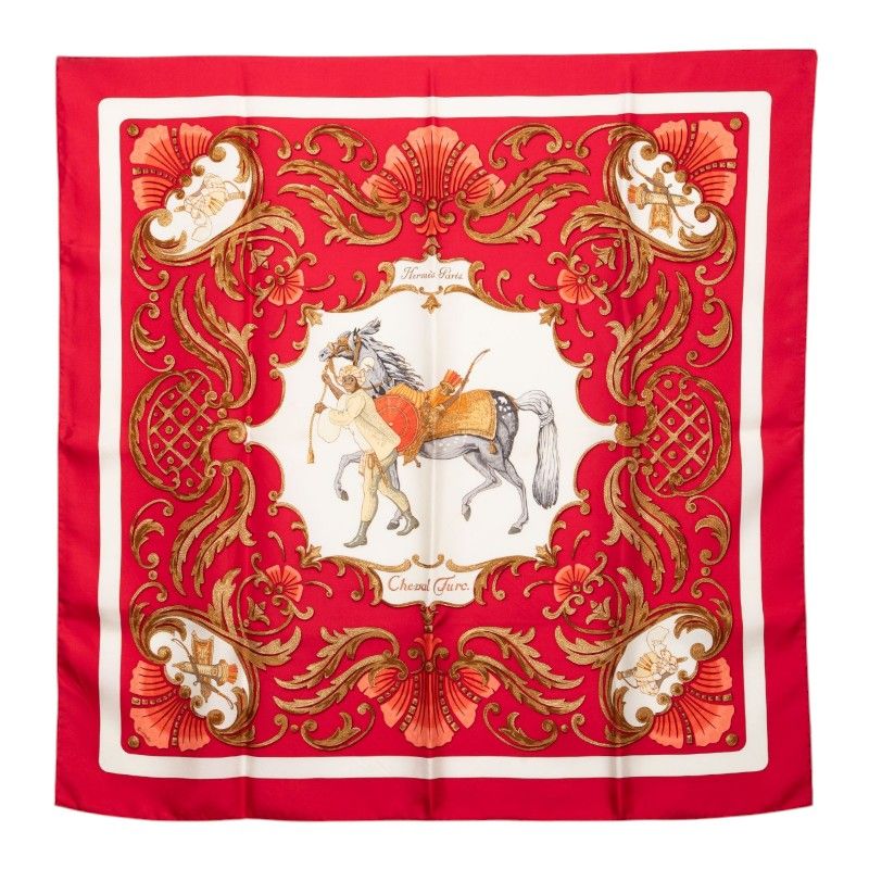 Hermes Carre 90 Cheval Turc Turkish Horse Scarf Red White Silk
