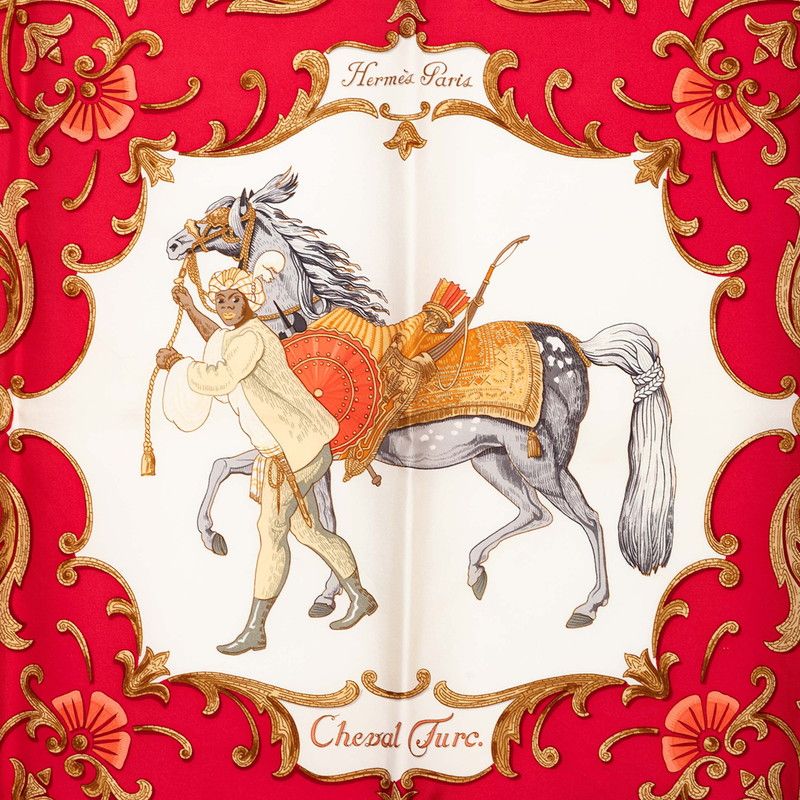 Hermes Carre 90 Cheval Turc Turkish Horse Scarf Red White Silk — view 2