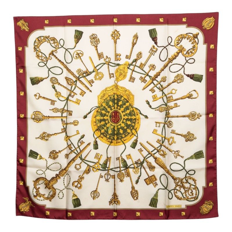 Hermes Carre 90 les Cles the Keys Rare Key Scarf Ivory Wine Red Silk