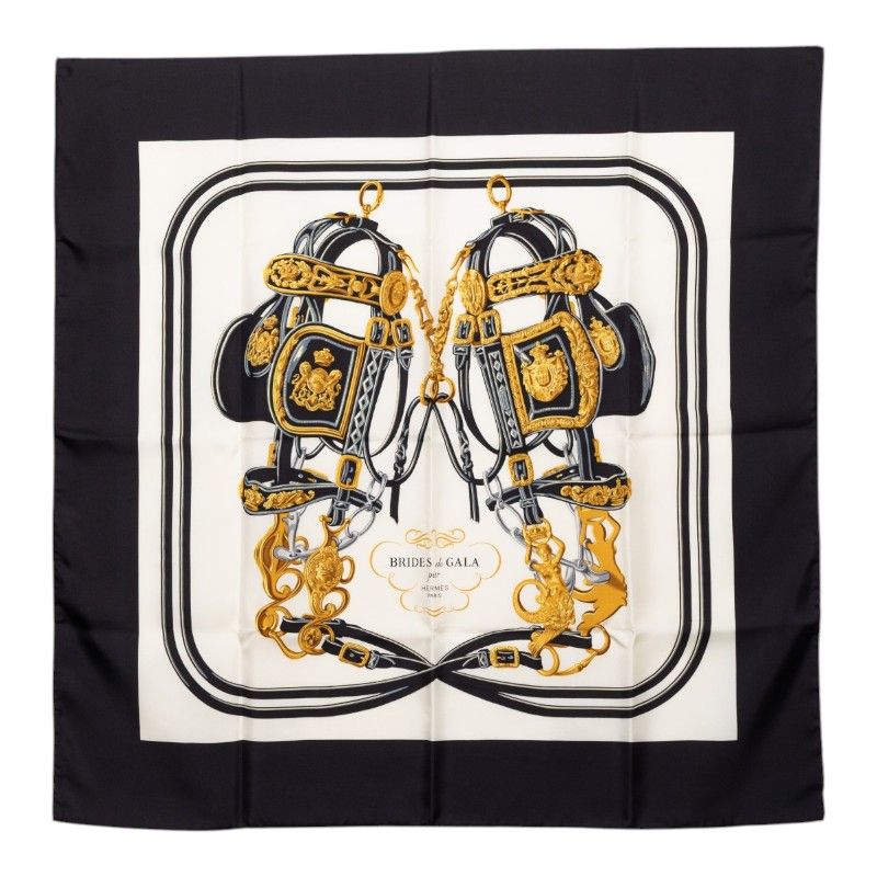 Hermes Carre 90 Ceremonial Bridle Brides de Gala Scarf Black White Silk