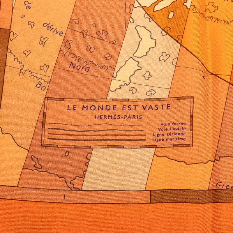 Hermes Carre 90 le Monde Est Vaste World Map Scarf Orange Silk — view 3
