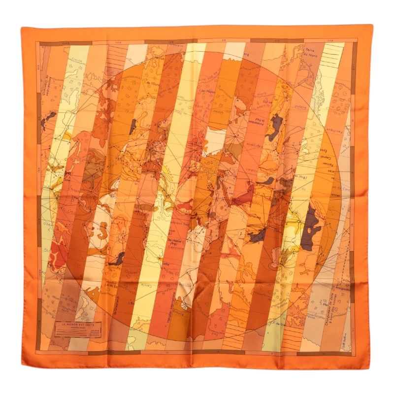 Hermes Carre 90 le Monde Est Vaste World Map Scarf Orange Silk
