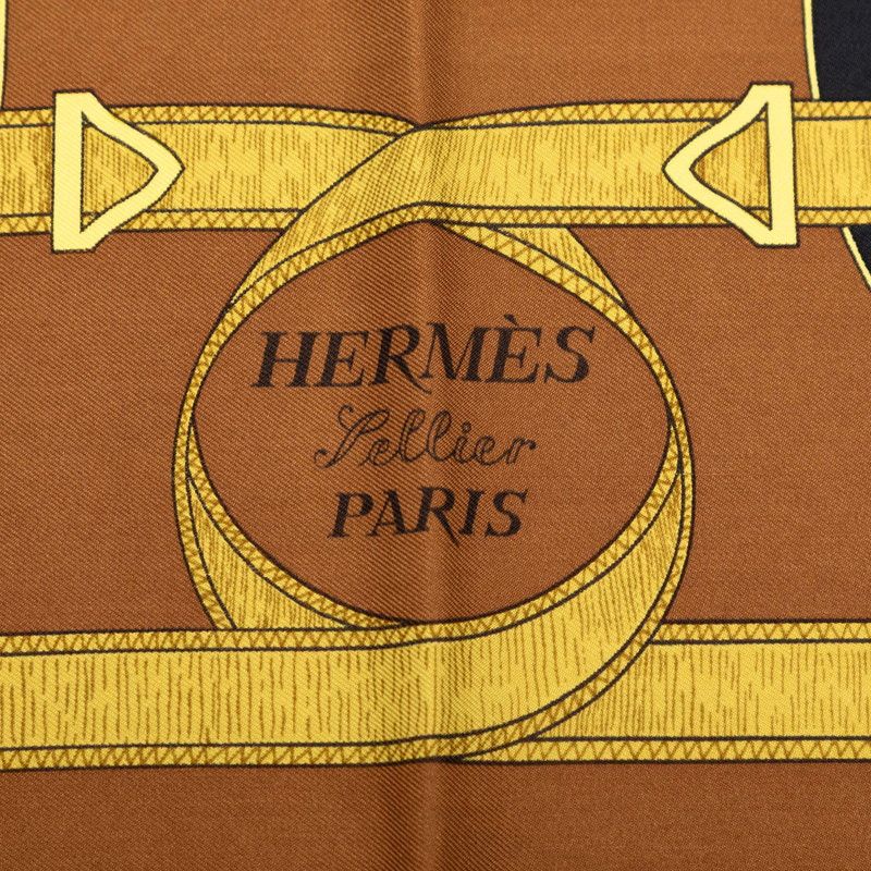 Hermes Carre 90 Eperon D'or Apron Yellow Gold Spurs Scarf Brown Silk — view 3