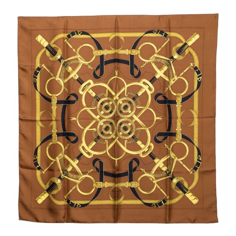 Hermes Carre 90 Eperon D'or Apron Yellow Gold Spurs Scarf Brown Silk