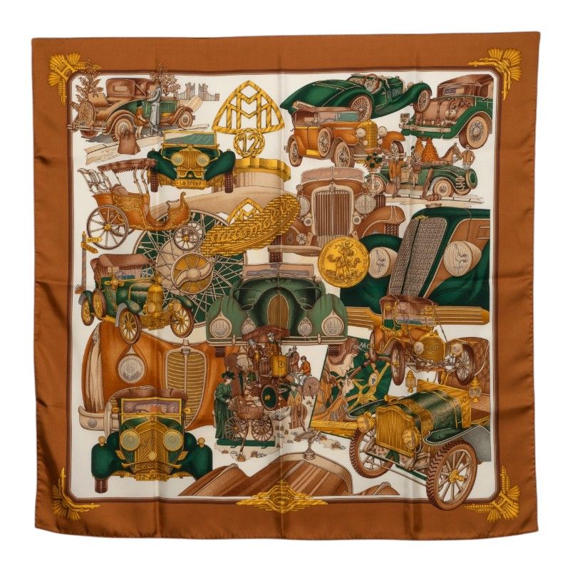 Hermes Carre 90 Automobile Scarf Large Brown Multicolor Silk