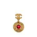 Chanel CC Logo Gripoix Round Brooch 04 Gold Red Plated Glass